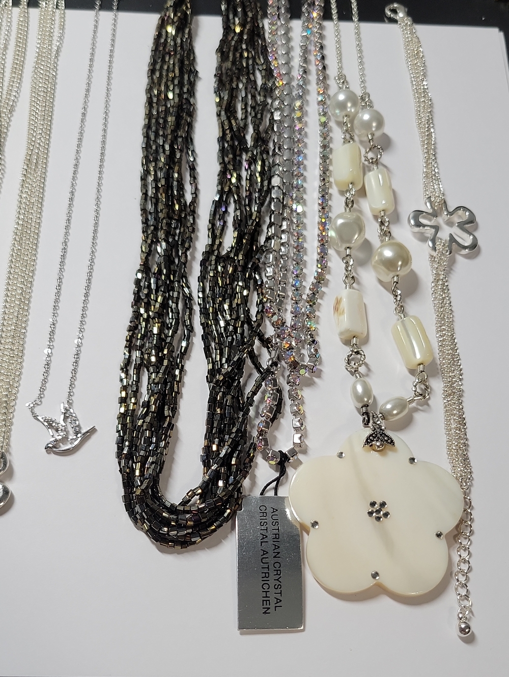 Austrian Crystal Multi-Strand Black Beaded Necklace with White Flower Pendant